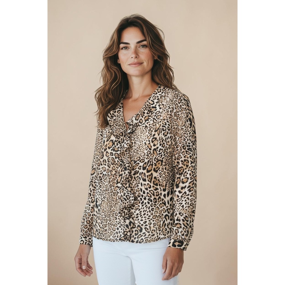 Drew Leopard Print Blouse Womens Tan Black Ruffle Front Mob Wife Size M